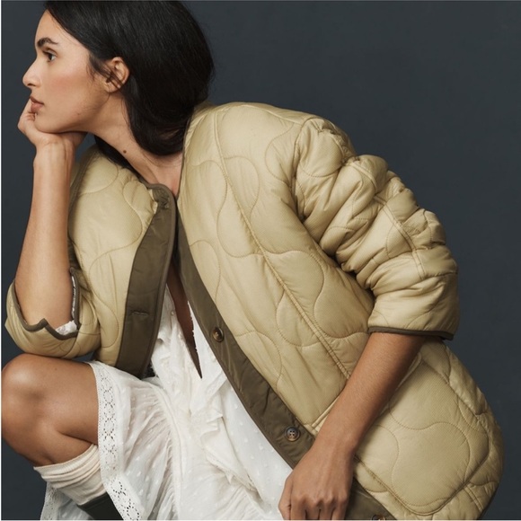 Anthropologie Tan Floral Reversible Quilted Puffer Jacket